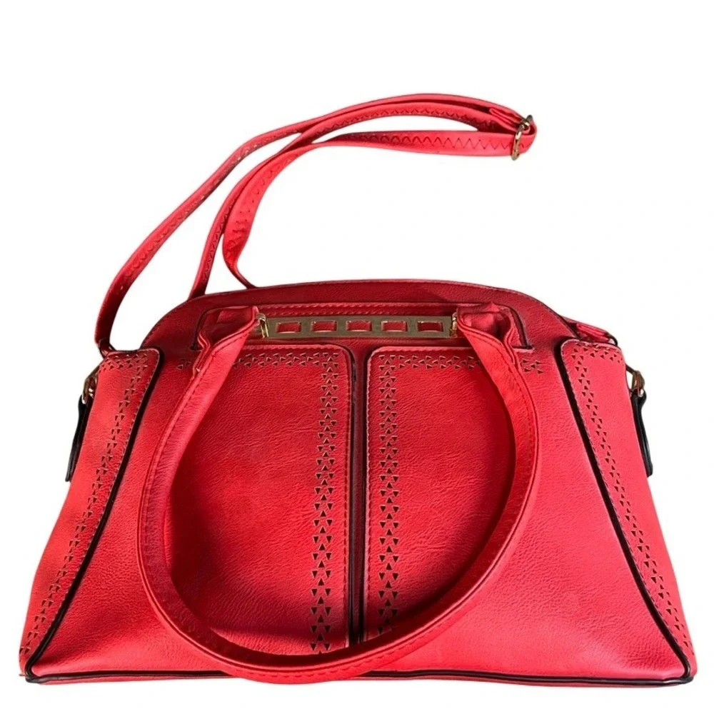 Red Laser Cut Vegan Leather Satchel Crossbody Handbag Gold Hardware